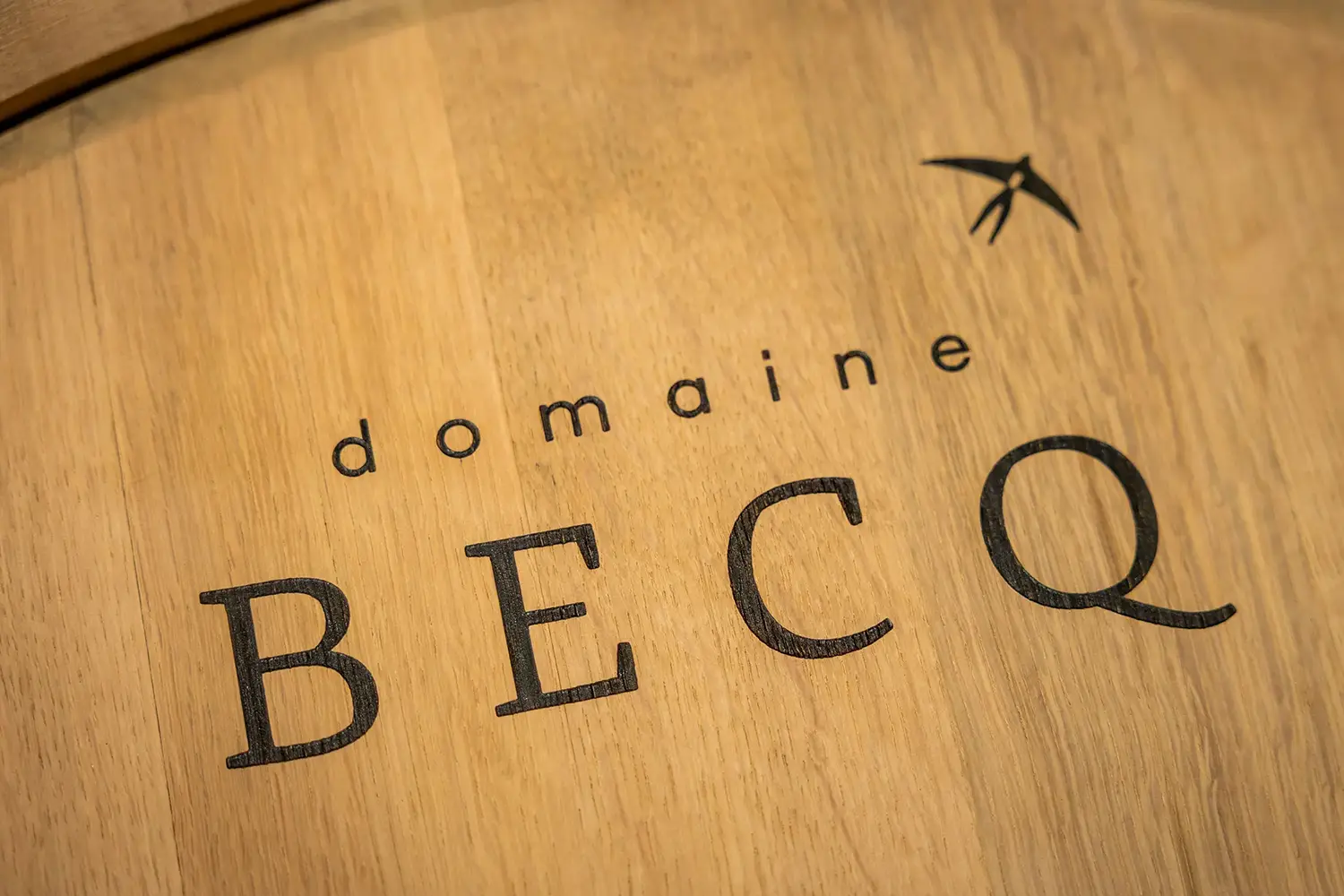 Gros plan sur le logo gravé dans un baril en bois